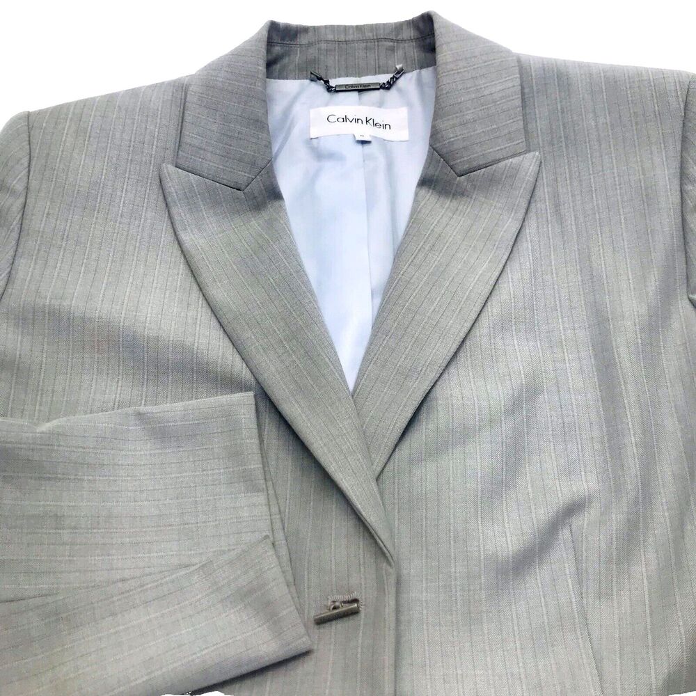 Calvin Klein Blazer Vintage Y2K Stripe Gray Blue Toggle Button 8 Jacket Preppy